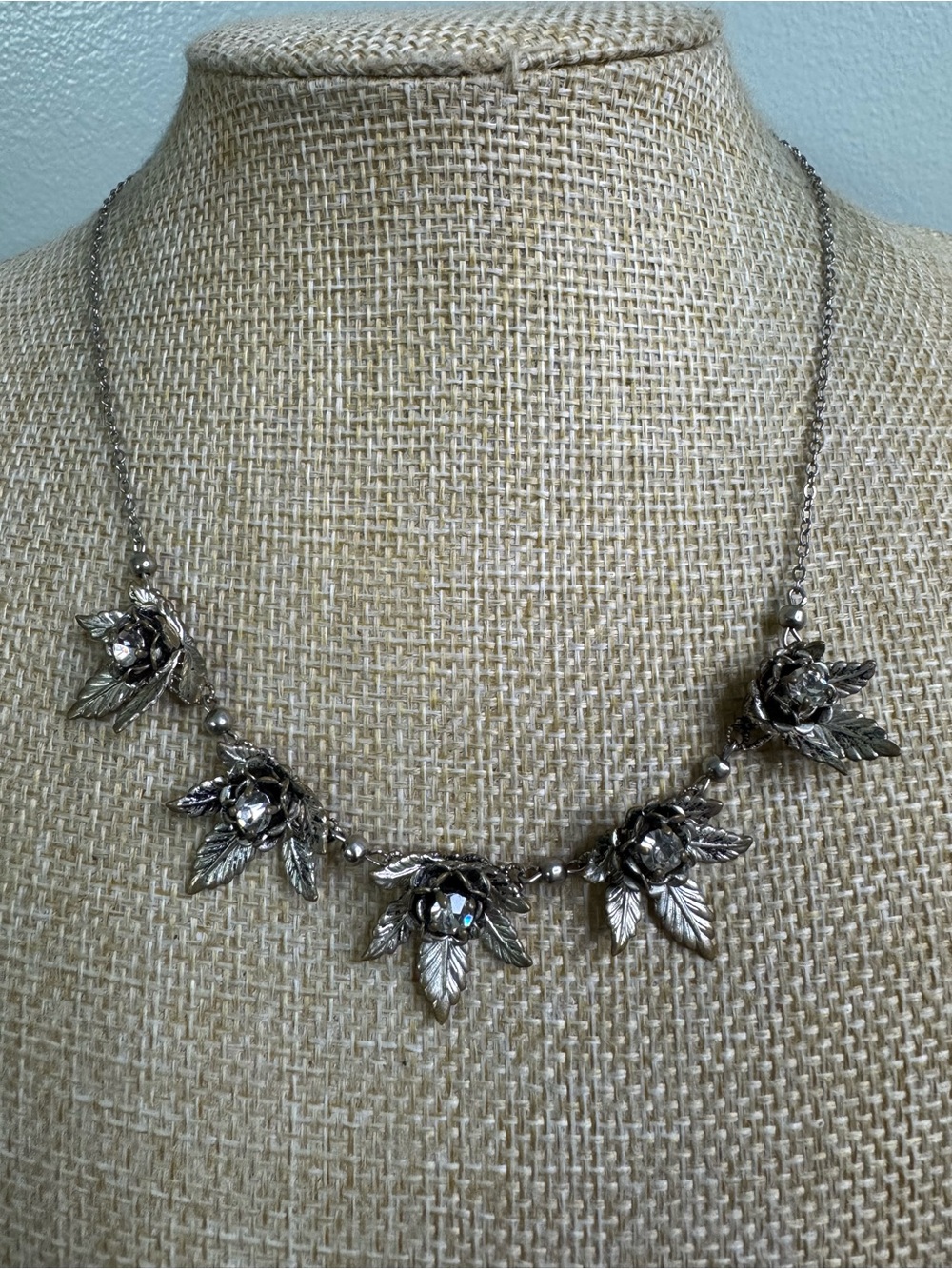 Vintage Floral Leaf Necklace with Clear Crystals